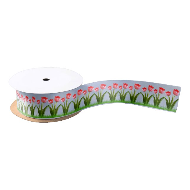 Pink Easter Tulips Pattern Floral Photography Satin Ribbon (Spool)