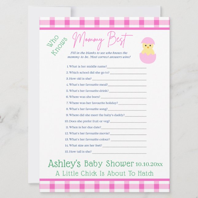 Pink Egg Little Chick Hatch Girl Baby Shower GAME Holiday Card (Front)
