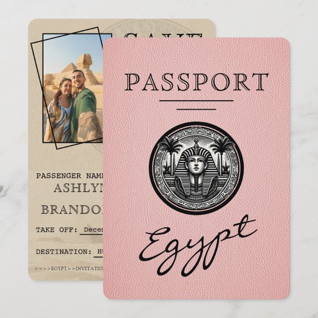 Pink Egypt Passport Wedding Save the Date (Front/Back)