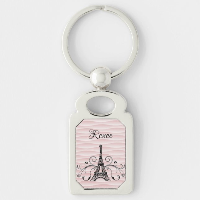 Pink Eiffel Tower Flourish Metal Keychain (Front)