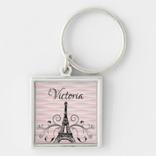 Pink Eiffel Tower Flourish Square Keychain