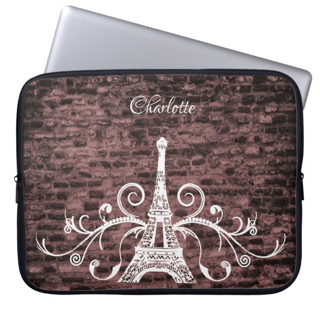 Pink Eiffel Tower Grunge Laptop Sleeve (Front)