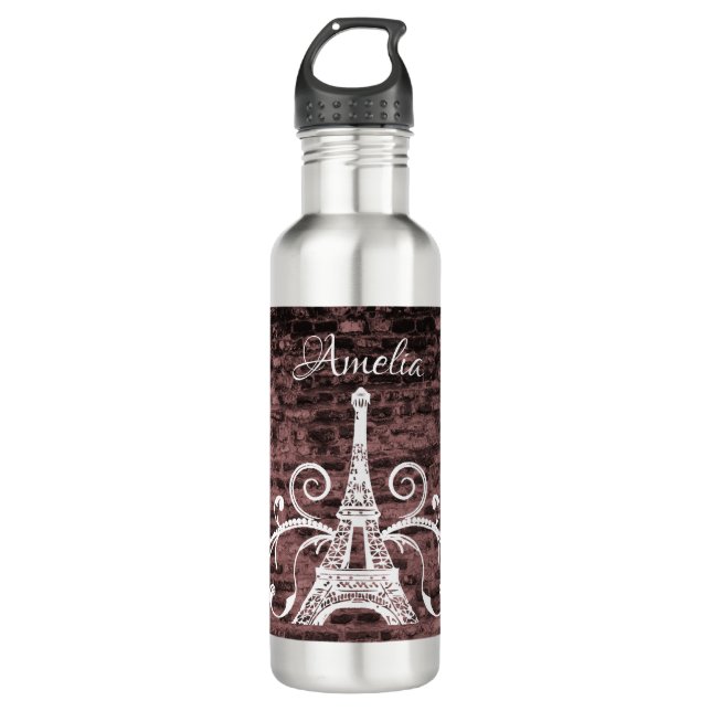 Pink Eiffel Tower Grunge Water Bottle (Front)