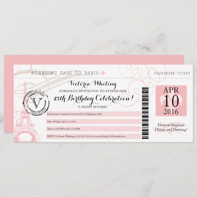 Pink Eiffel Tower Night in Paris Birthday Party Invitation (Front/Back)