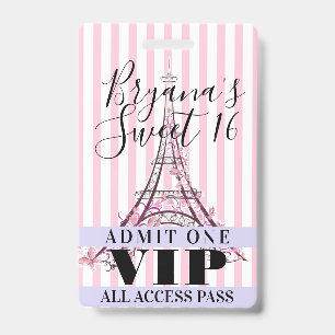 Pink Eiffel Tower Sweet 16 Party VIP Pass Badge ID Badge
