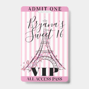 Pink Eiffel Tower Sweet 16 Party VIP Pass Badge ID Badge