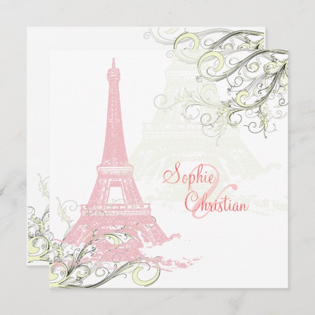 PINK EIFFEL TOWER+SWIRLS / LUXE SHIMMER PAPER INVITATION (Front/Back)