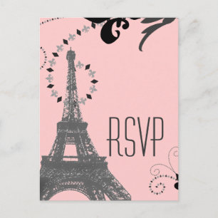 pink eiffel tower vintage paris wedding rsvp invitation postcard