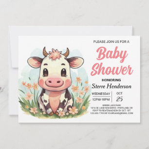 Pink Elegant Boho Cow Baby Shower Invitation