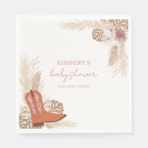 Pink Elegant Boho Cowgirl Boots Pampas Baby Shower Napkin