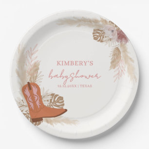 Pink Elegant Boho Cowgirl Boots Pampas Baby Shower Paper Plate