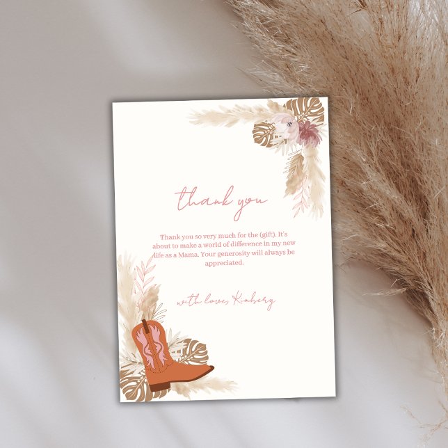 Pink Elegant Boho Cowgirl Boots Pampas Baby Shower Thank You Card (Pink Elegant Boho Cowgirl Boots Pampas Baby Shower Thank You Card)
