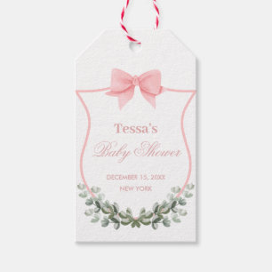 Pink Elegant Bow Eucalyptus Crest Baby Shower Gift Tags