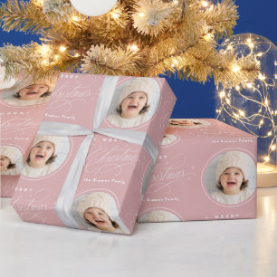 Pink Elegant Calligraphy Merry Christmas photo Wrapping Paper