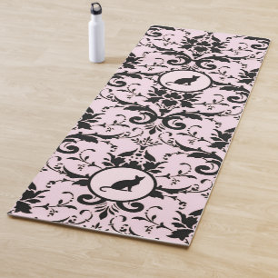 Pink Elegant Cat Damask Pattern Yoga Mat