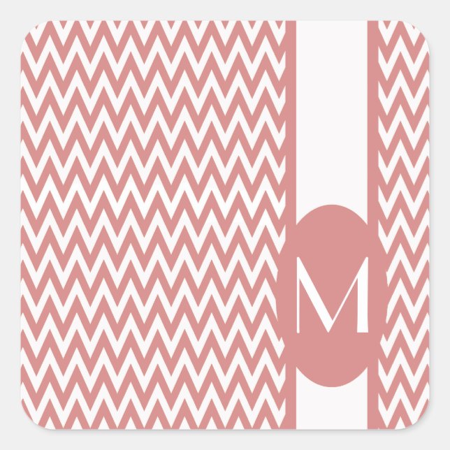 Pink Elegant Chevron Design with monogram Square Sticker (Front)