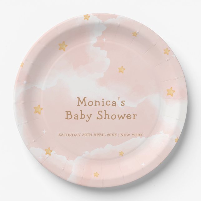 Pink Elegant Cloud Nine Stars Girl Baby Shower  Paper Plate (Front)