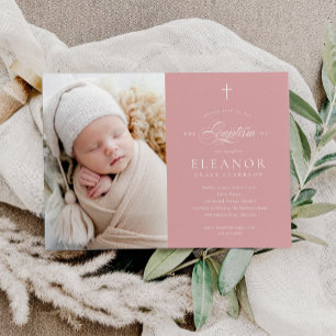 Pink Elegant Cross Calligraphy Photo Baptism Invitation