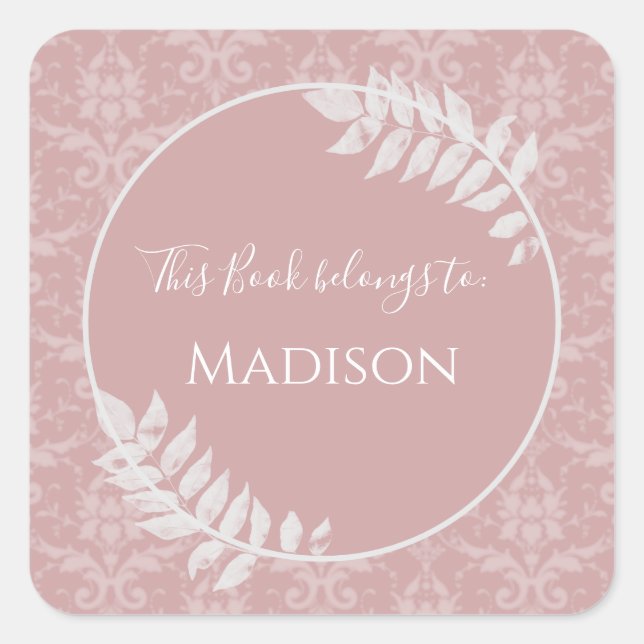 Pink Elegant Damask Book Sticker (Front)