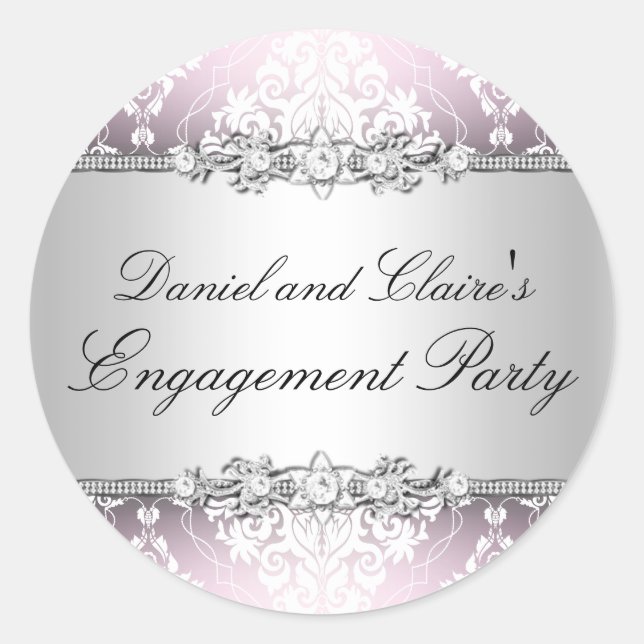 Pink Elegant Damask Engagement Party Sticker (Front)
