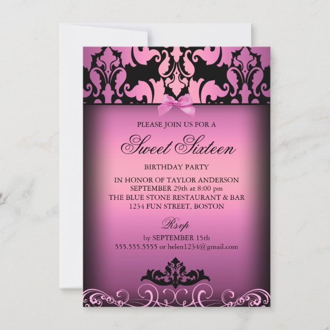 Pink Elegant Damask Sweet Sixteen Party Invitation (Front)