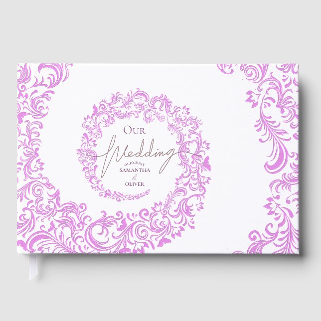 Pink Elegant Damask Wedding Guest Book (Front)