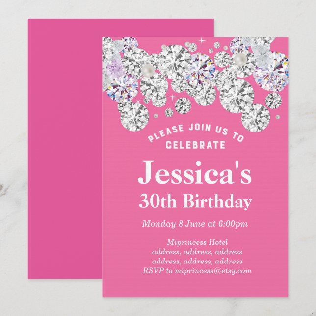 PINK elegant diamond, glitter birthday invitation (Front/Back)