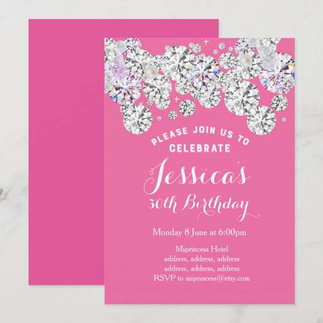 PINK elegant diamond, glitter birthday invitation (Front/Back)