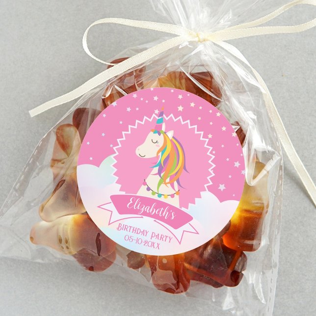 Pink Elegant Dreamy Magical Unicorn Girl Birthday Classic Round Sticker (Creator Uploaded)