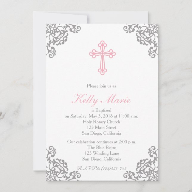 Pink Elegant Filigree Swirl Baptism Invitation (Front)