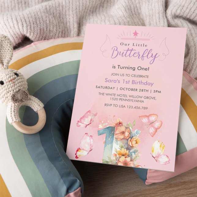Pink Elegant First 1st Birthday Pink Butterflies  Invitation (Creator Uploaded)
