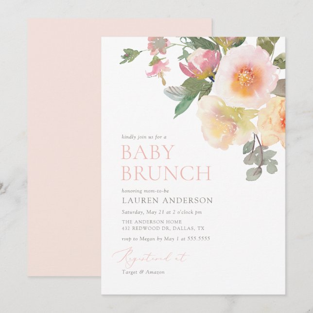 Pink Elegant Floral Baby Shower Brunch Invitation (Front/Back)