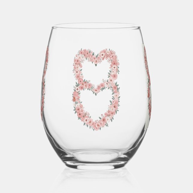 Pink Elegant Floral Frame Drinkware Set Stemless Wine Glass (Left)