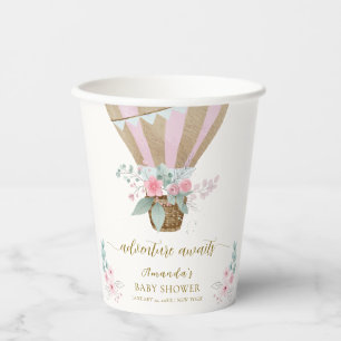Pink Elegant Floral Hot Air Balloon Baby Shower Paper Cups