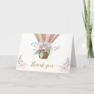 Pink Elegant Floral Hot Air Balloon Baby Shower  Thank You Card