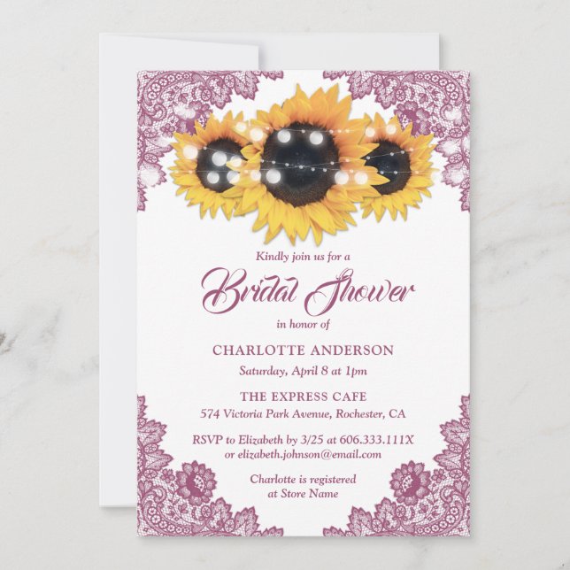 Pink Elegant Floral Lace Sunflower Bridal Shower Invitation (Front)