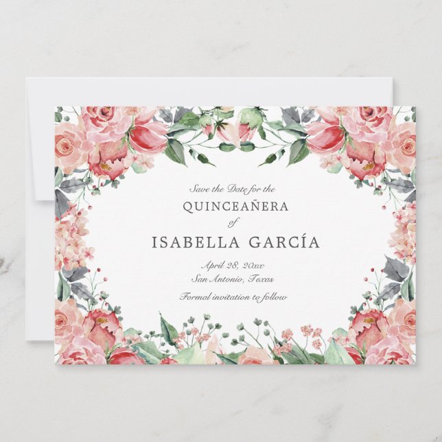 Pink Elegant Floral Script Quinceañera Save The Date (Front)