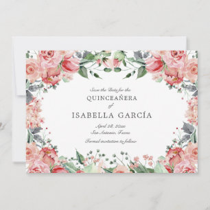 Pink Elegant Floral Script Quinceañera Save The Date