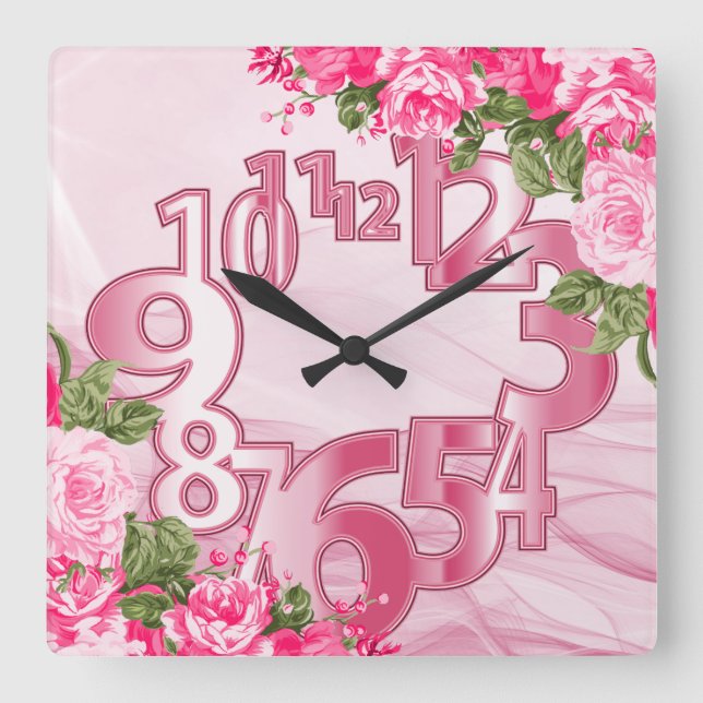 Pink Elegant Floral Square Wall Clock (Front)