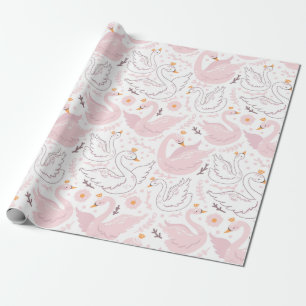 Pink Elegant Floral Swan Wrapping Paper