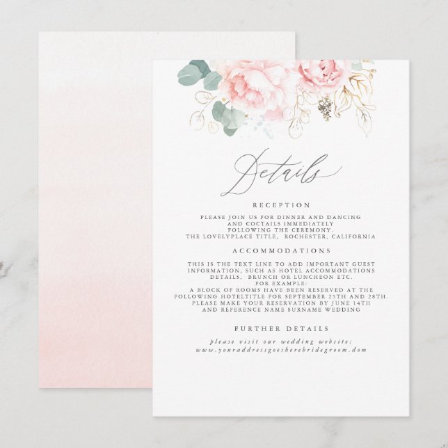 Pink Elegant Floral Wedding Information Enclosure Card (Front/Back)