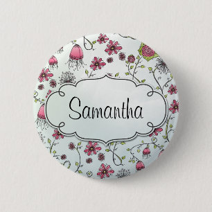 Pink Elegant flowers with frame for name 6 Cm Round Badge