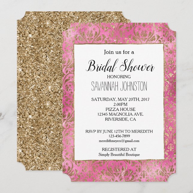 Pink Elegant Gold Damask Invitation (Front/Back)