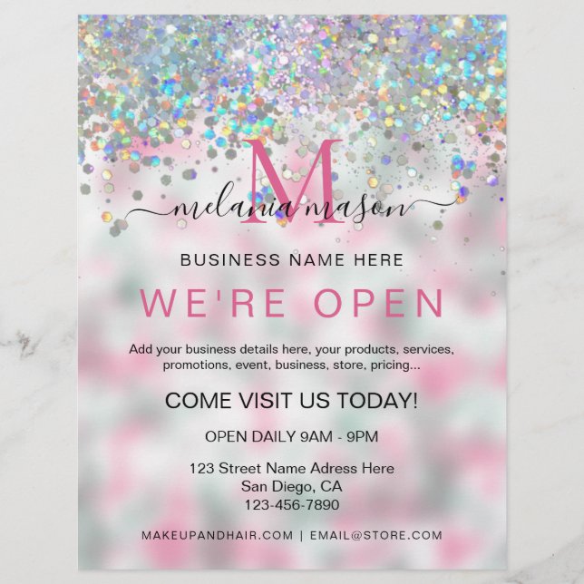 Pink Elegant Holographic Glitter We're Open Salon Flyer (Front)