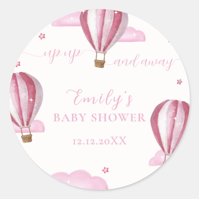 Pink Elegant Hot Air Balloon Girl Baby Shower  Classic Round Sticker (Front)