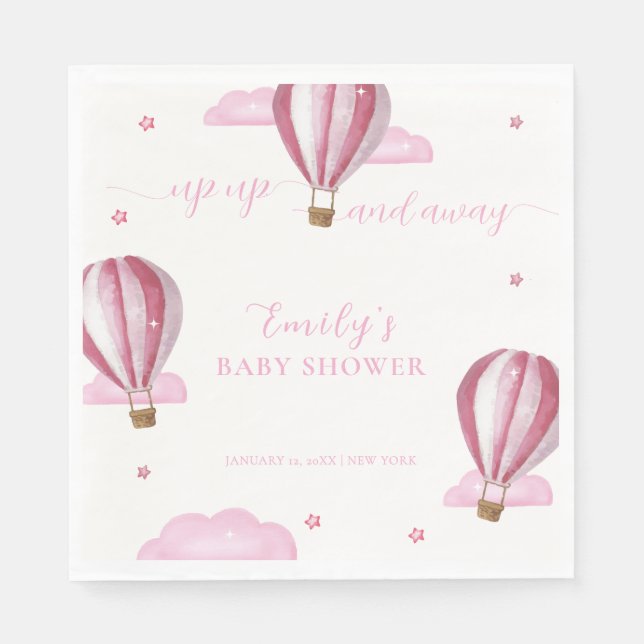 Pink Elegant Hot Air Balloon Girl Baby Shower  Napkin (Front)