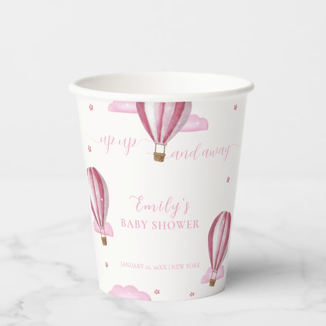 Pink Elegant Hot Air Balloon Girl Baby Shower  Paper Cups (Front)