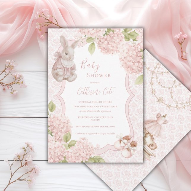 Pink Elegant Hydrangea Vintage Bunny Baby Invitation (Creator Uploaded)