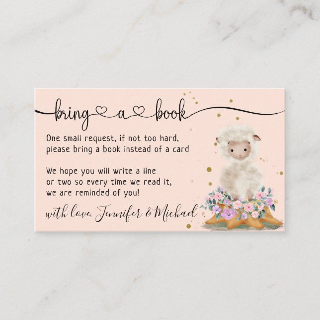 Pink Elegant Lamb Sheep Baby Shower Bring a Book Enclosure Card (Front)