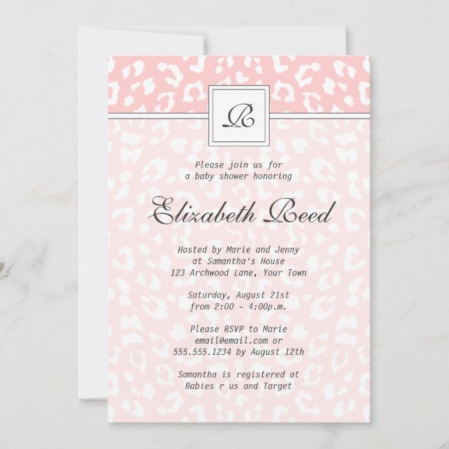 Pink Elegant Leopard Print Monogram Baby Shower Invitation (Front)